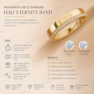 Moissanite Pave Wedding Band: 14k Gold Half Eternity Ring - Etsy