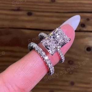 2CT Radiant Cut Moissanite Engagement Ring Set Unique Hidden Halo ...
