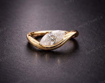 Marquise Cut Moissanite Solitaire Engagement Ring, Thick Curved Band Anniversary Ring, East West Set Marquise Ring, Floating Basket Ring