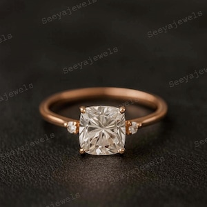 14K Rose Gold Anniversary Ring 1.5 CT Cushion Cut Moissanite Engagement Ring Solitaire With Accent Wedding Ring Promise Ring Gift For Her