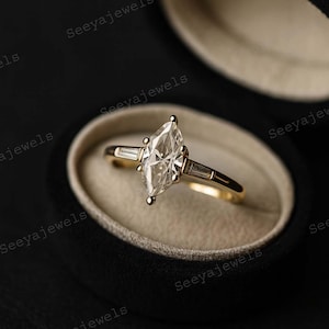 2.5CT Marquise Cut Moissanite Engagement Ring Side Tapered Baguette Cut Wedding Ring Three Stone 14k Gold Proposal Ring for Mothers day