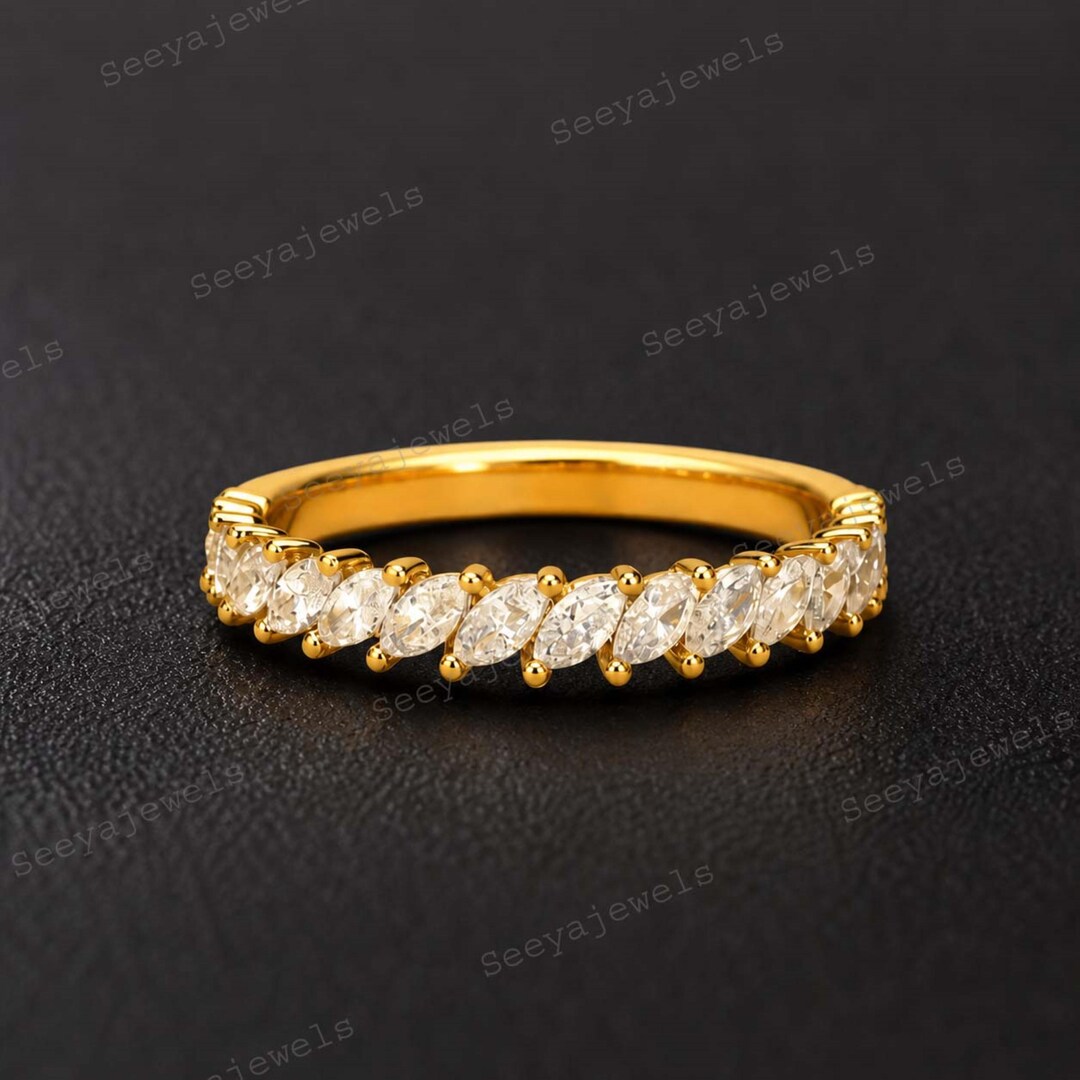 Marquise Cut Half Eternity Wedding Band 14K Yellow Gold Moissanite ...