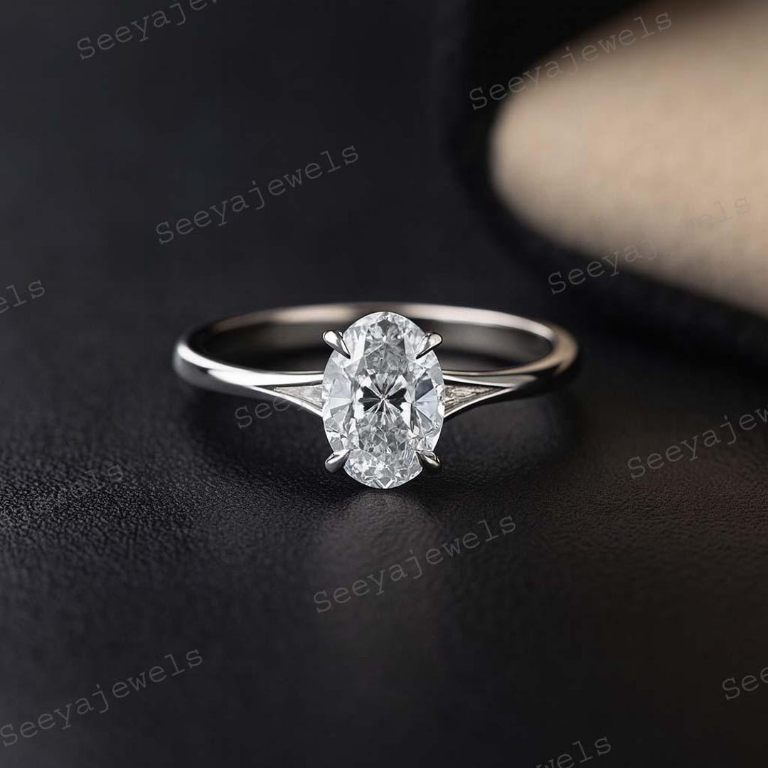 Solid Gold Split Shank Oval Cut Moissanite Engagement Ring, Solitaire ...