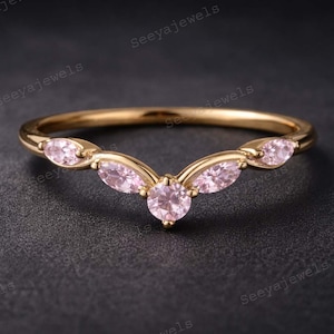 Natural Pink sapphire Wedding band Vintage Rose gold Curved wedding ring Bridal Stacking band Art deco Promise Jewelry Anniversary gift