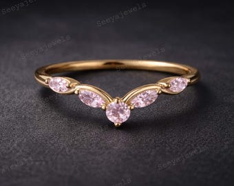 Anillo de boda de zafiro rosa natural, oro rosa vintage, anillo de boda curvo, anillo apilable para novias, joyería de promesa art déco, regalo de aniversario