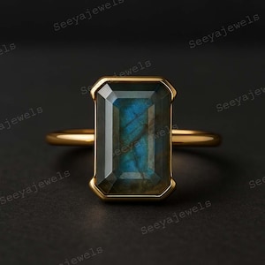 Anello di fidanzamento con labradorite incastonata a mezza lunetta, anello di promessa solitario in oro 14 carati, gioiello con pietra preziosa di fuoco grigio, regalo di compleanno e Natale per figlia