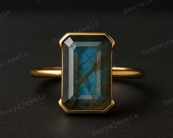 Half Bezel Set Labradorite Engagement Ring 14K Gold Solitaire Promise Ring Grey Fire Gemstone Jewelry Birthday Christmas Gift For Daughter
