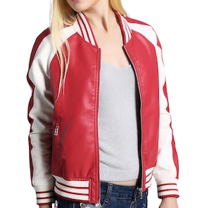 Jaqueta bomber feminina de couro de carneiro genuíno vermelho e branco, estilo universitário, estilo Letterman, casaco de beisebol universitário, jaqueta de presente feita à mão