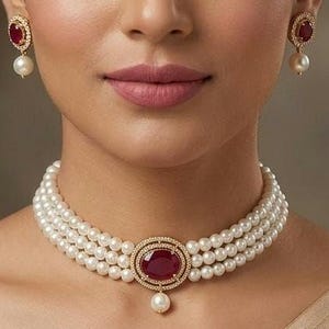 May include: A three-strand pearl choker necklace featuring a central oval-shaped deep red gemstone surrounded by small clear stones and a single dangling pearl. Matching earrings consist of a small oval red gemstone with a dangling white pearl.