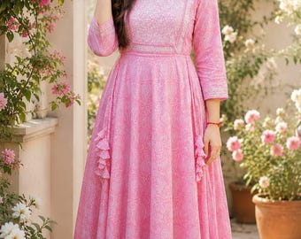 Women Floral Embroidered Printed Maxi fit & Flared Cotton Ethnic Anarkali Kurta. Indian Ethnic dress, Colour - Pink /Purple