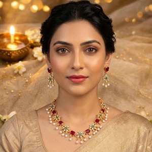 Set di gioielli indiani Kundan con pietre di rubino rosso e perline. Collana e orecchini placcati in oro.