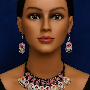 Indian Ethnic Jewellery set. Sterling Orange & Pink Oxadised silver Ruby Stone Necklace with earrings