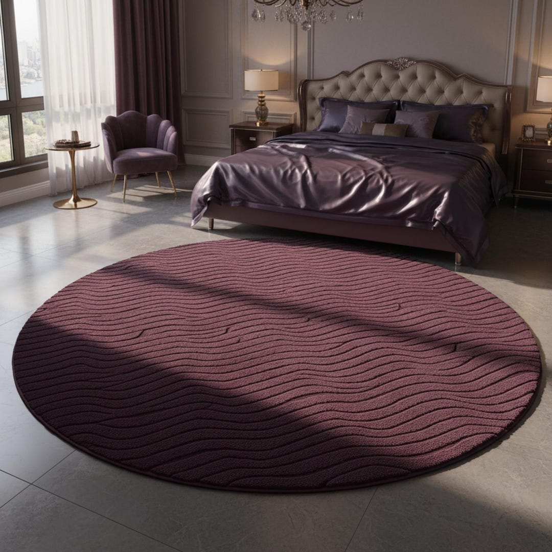 Purple Roung Rug Round Tufted Rug Purple, Wavy Handmade Wool Bedroom Area , Modern 8x10 ...