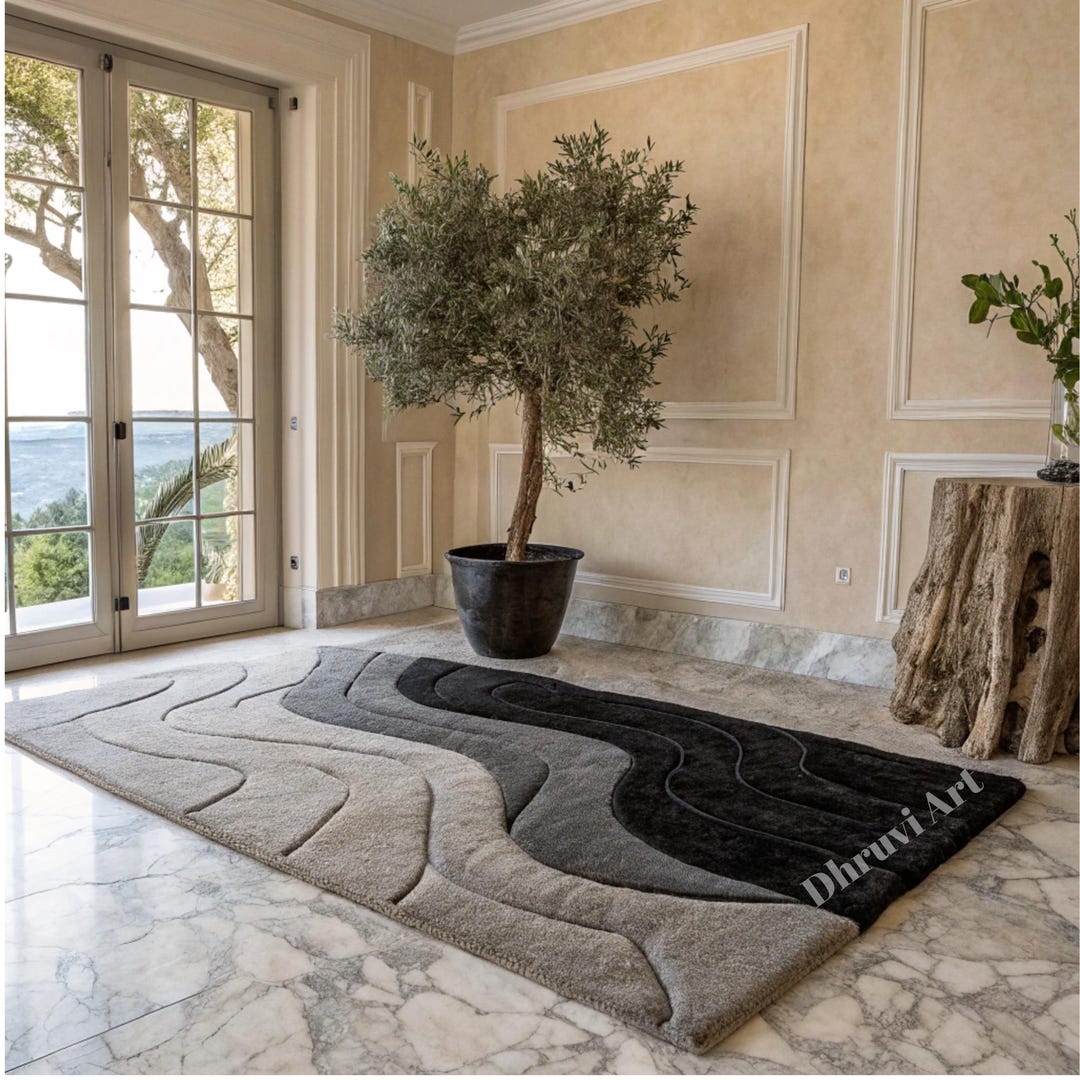 Wavy Neutral Hand Tufted Rug | Abstract Wool Livingroom Modern Handmade ...