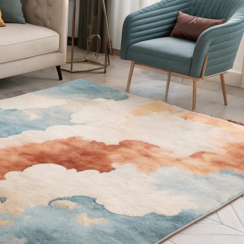 Calming Rug Pastel Cloud Watercolor Hand Tufted Rug | Abstract Sky Wool Living Room ...