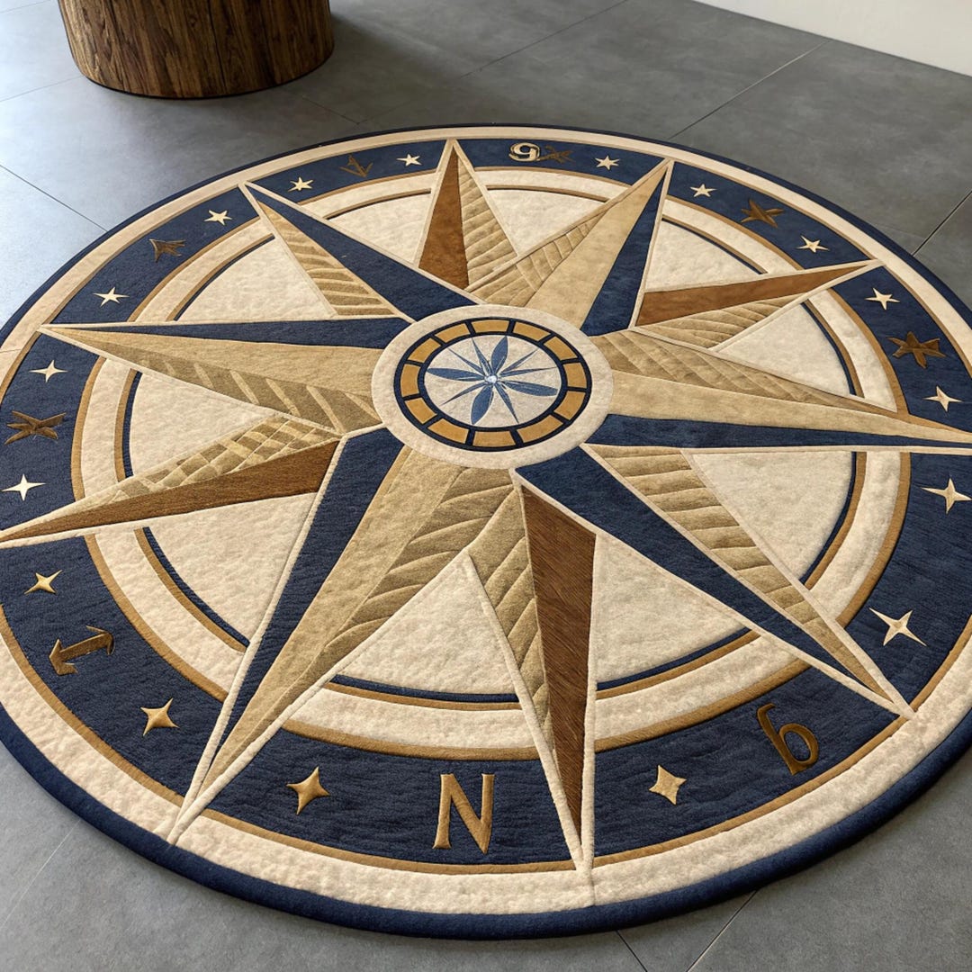 Navy Compass Rose Round Tufted Rug | Nautical Geometric Handmade Wool ...