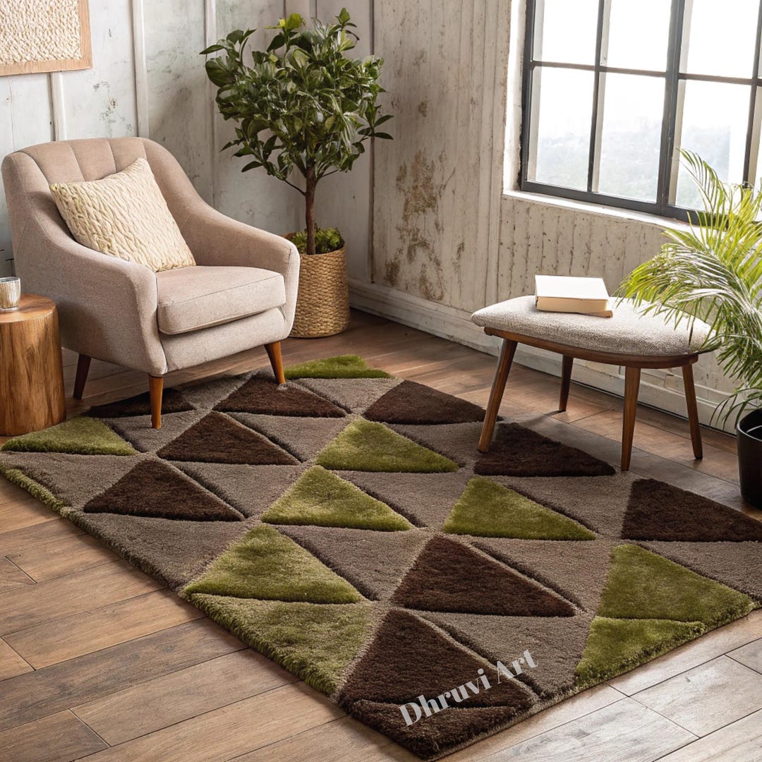 Olive Green Geometric Hand Tufted Rug | Triangle Wool Livingroom Mid ...