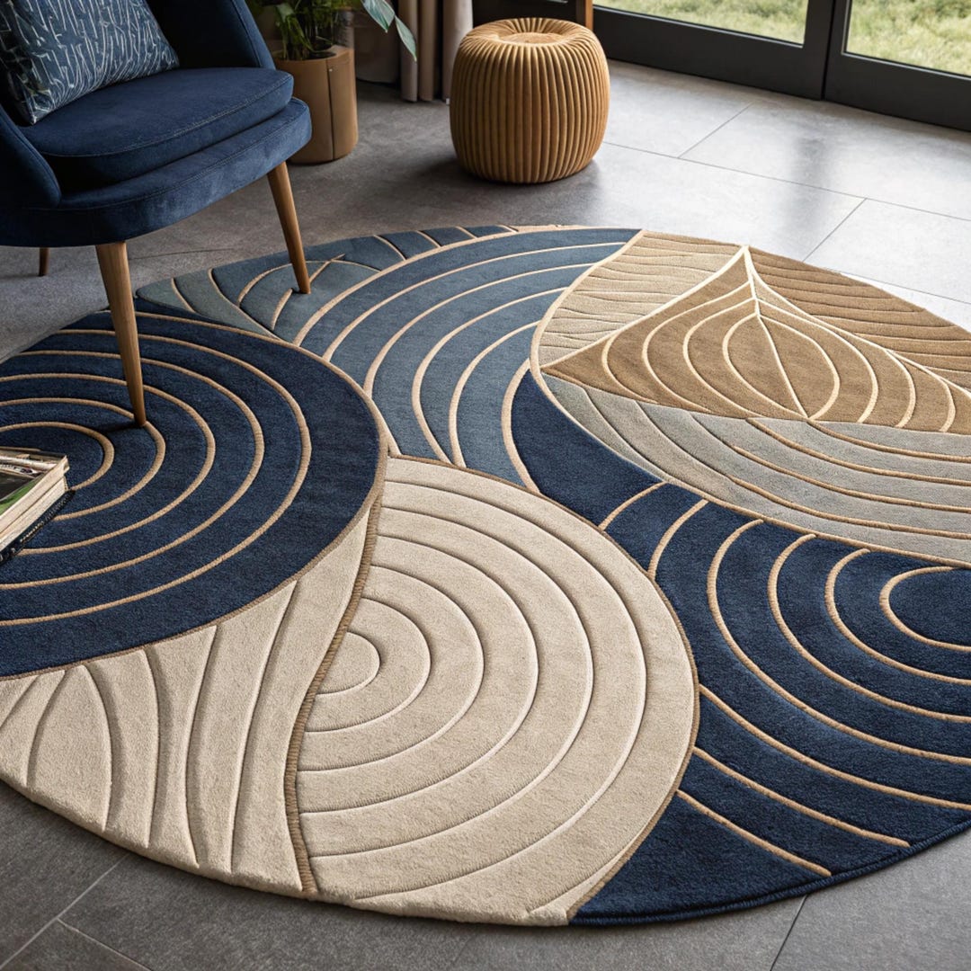Hand Tufted Rug - Custom Blue Beige Abstract Circular Wavy Design ...