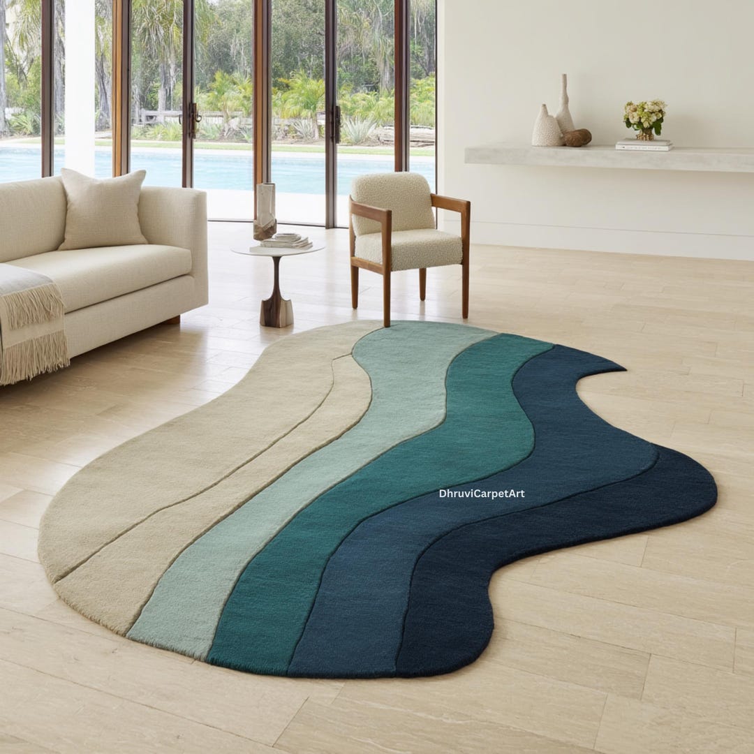 Wool Wave Rug Ocean Wave Wool Rug in Blue & Beige, Organic Irregular Shaped Rug, Hand ...