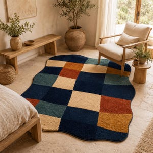 Handgetufteter Abstrakter Wollteppich | Navy Teal Patchwork | Benutzerdefinierte Größe auf Bestellung
