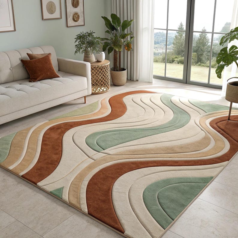 Hand Tufted Wool Rug, Flowing Wave Design, Modern Scandinavian Decor ...
