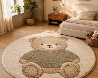 Hand Tufted Wool Rug | Teddy Bear Round Design | Nursery Kids Room Rug