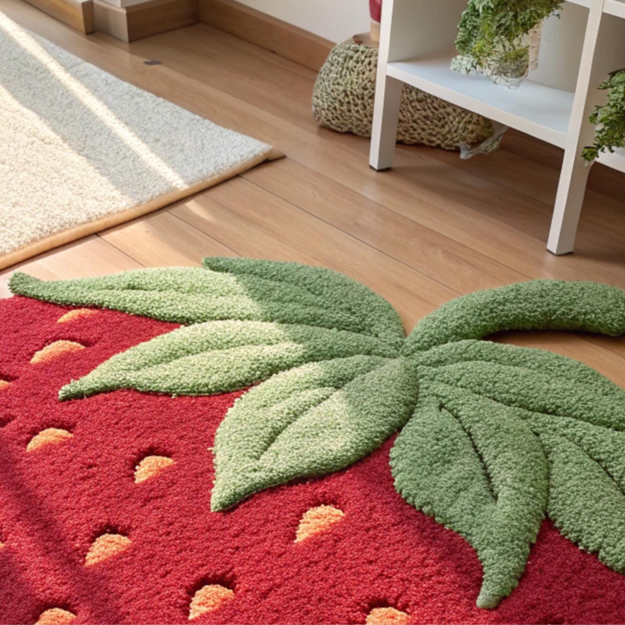 Stawberry Rug Handmade Strawberry Rug | Unique Botanical Irregular Shape, Wool Area ...