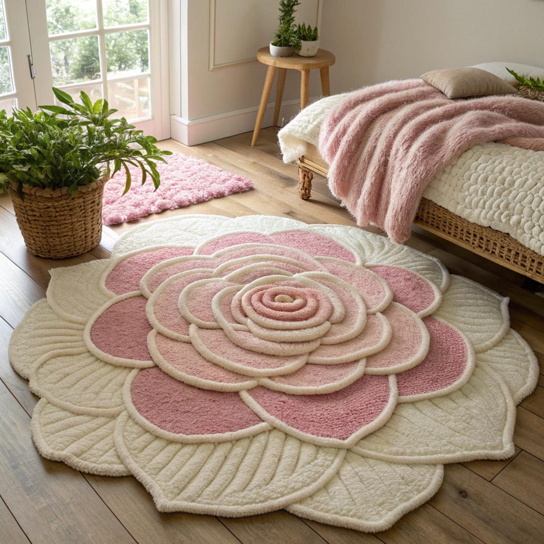 Woven Rug Pattern Roses Pink Rose Flower Shaped Hand Tufted Wool Rug | Scalloped Irregular ...