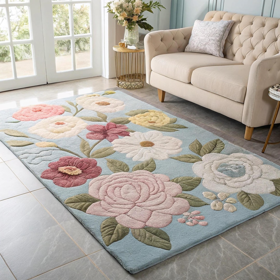 Pastel Blue Hand Tufted Wool Rug | Floral Rose Botanical Living Room ...