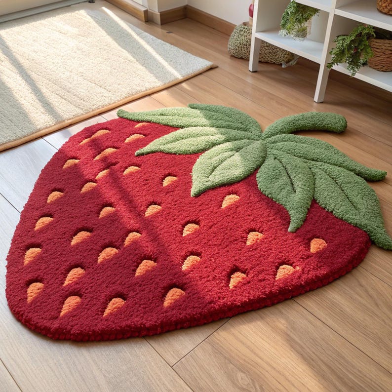 Stawberry Rug Handmade Strawberry Rug | Unique Botanical Irregular Shape, Wool Area ...