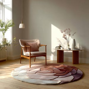 Rosenblumen-Wollteppich - Handgefertigter runder Teppich in Blush-, Mauve- und Cremetönen