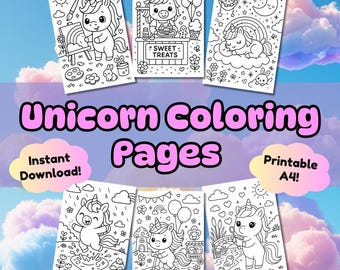 Puede incluir: Seis páginas para colorear de unicornios imprimibles. Cada página presenta una escena diferente con un lindo unicornio, incluyendo pintura, dulces y jugando bajo la lluvia. El texto "Unicorn Coloring Pages" se muestra en rosa.