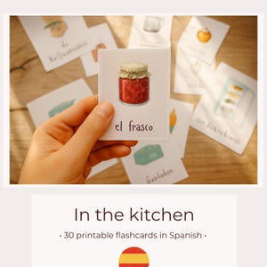 In the kitchen • Spanish vocabulary • 30 printable flashcards • Montessori style • PDF download • Language learning for kids • español