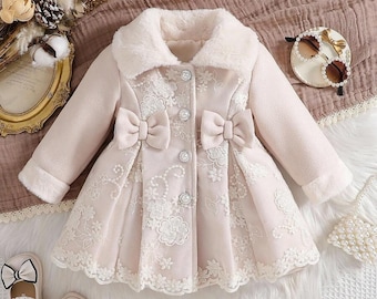 Manteau d'hiver à col fourrure pour bébé fille | Manteau trapèze en résille florale avec nœud 3D