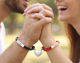 Matching Bracelets For Couples, Personalized Magnetic Heart Bracelets, Customized Couples Bracelet, Heart Bracelet With Custom Engraving