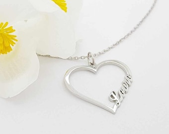 Personalize Heart Name Necklace, 925 Sterling Silver Necklace, Small Heart Necklace, Dainty Name Necklace, Delicate Necklace, Silver Pendant