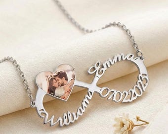 Couple Photo And Engraved Name Infinity Necklace, Custom Date Necklace, Perfect Valentines Day Gift, Custom Photo Pendant, Infinity Necklace