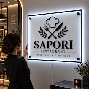 May include: A rectangular wall-mounted restaurant sign with a white background and black border. The sign features a black chef hat icon above a crossed fork and knife, with the text SAPORI RESTAURANT and GOOD FOOD • GOOD MOOD in black.