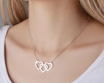 Triple Heart Necklace With Birthstone For Each Heart, Personalized Names Engraved Pendent, Customized Engraved Necklace For Your Loved One