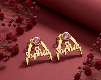 Personalized Birthstone Earrings With Engraved Name | Custom Birthstone Jewelry | Cute Name Earrings | Piercing Jewelry | Everyday Earrings