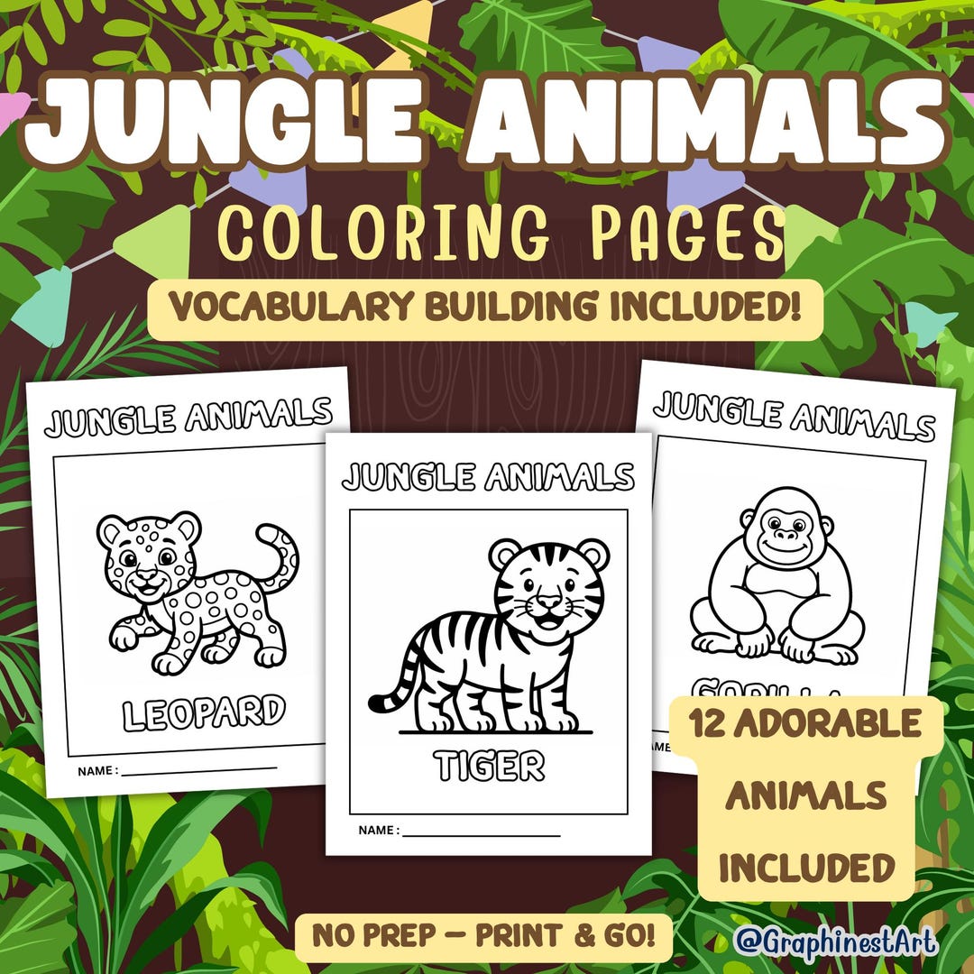 Jungle Animals Coloring Pages for Kids, Safari Animal Vocabulary