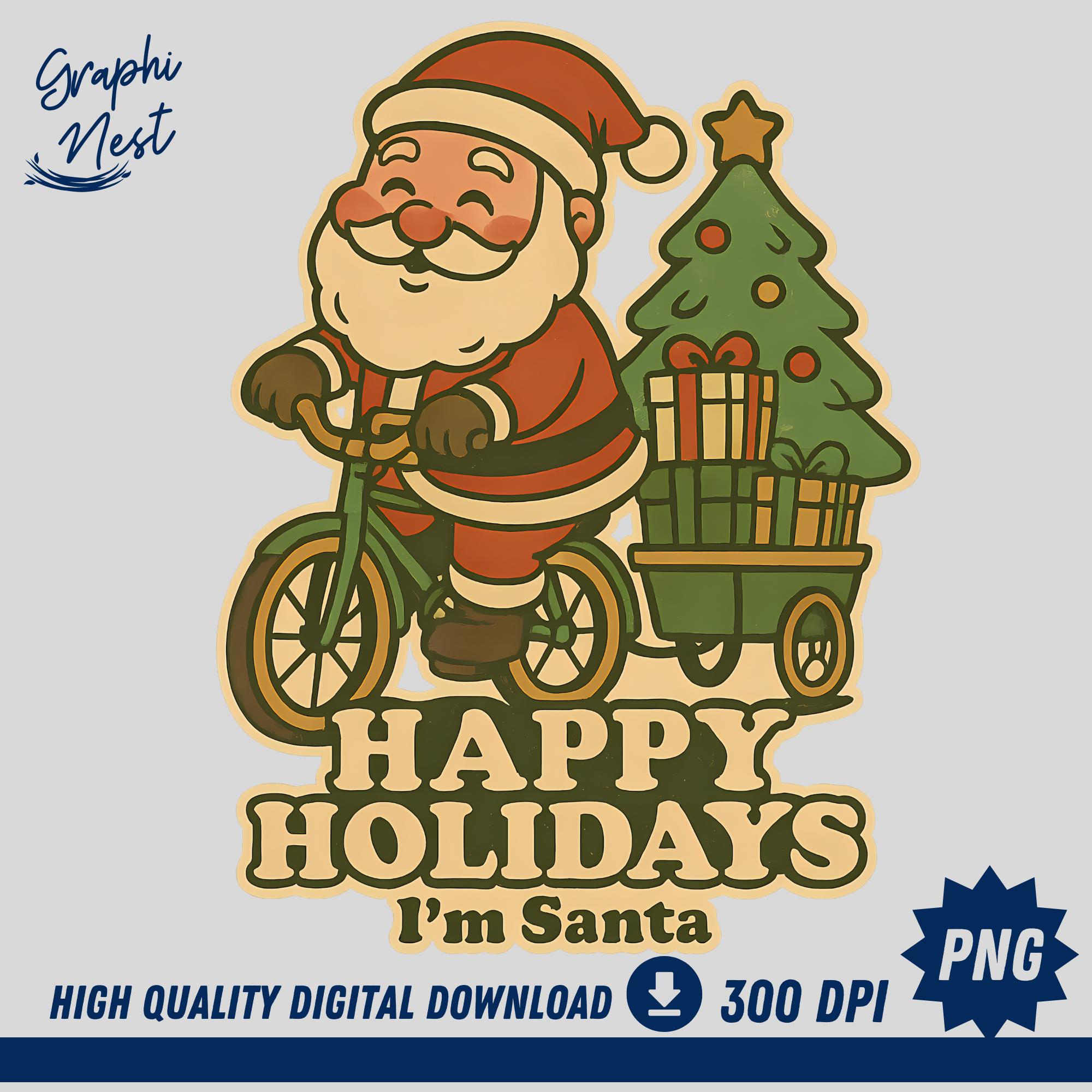 自転車に乗ったレトロなサンタさん PNG: クリスマス昇華デザイン