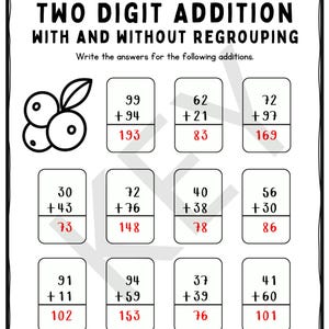 100 Question Additon Math Test Fiches d'exercices d'addition de fruits à deux chiffres, avec et sans ...