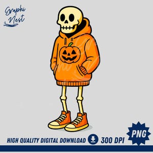 Cool Skeleton PNG | Halloween Skeleton in Pumpkin Hoodie Sublimation Design | Spooky Funny Clipart for Shirts & Decor