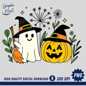 Cute Ghost Pumpkin PNG | Halloween Ghost with Witch Hat and Broom Sublimation Design | Kawaii Spooky Clipart for Shirts, Mugs & Decor