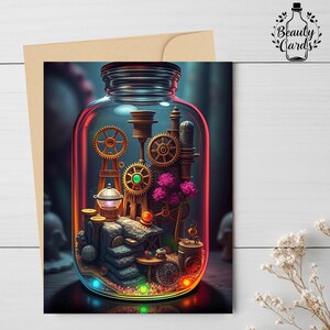 Steampunk in einer Flasche Magische Glas Terrarium Karten, 1 oder 10 Stück mit Umschlag, Einzigartiges Set, Perfekt für Urlaub, Künstlerisches Geschenk