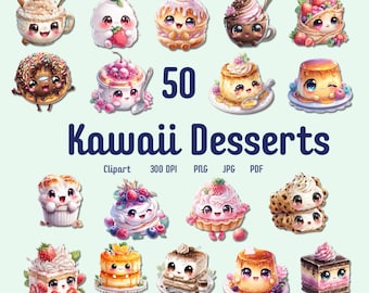 50 Kawaii Clipart Bundle, Adorable Kawaii Desserts Clipart PNG for Scrapbooking, Planners & DIY Crafts, commercial use, instant download