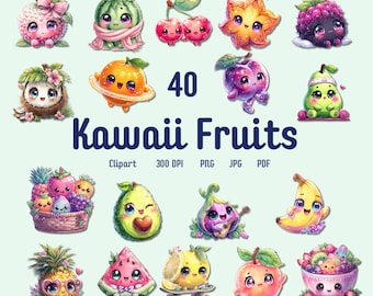 40 kawaii fruit clipartbundel – schattige schattige fruit clipart png voor scrapbooking, planners, T-shirts, mokken, feestuitnodigingen en knutselen,