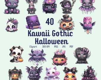 Paquete de 40 imágenes prediseñadas de Halloween gótico kawaii, adorables imágenes prediseñadas espeluznantes PNG, para scrapbooking, invitaciones para fiestas, planificadores y manualidades DIY, imágenes prediseñadas lindas
