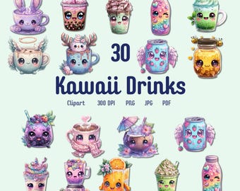 30 Kawaii Drinks Clipart Bundle, clipart PNG Adorable Kawaii Beverage Clip Art for Scrapbooking, Planners & DIY Crafts, commercial use